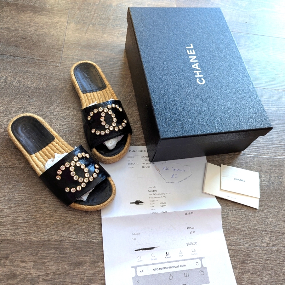 Chanel Black Espadrille Slides with Crystal Logo